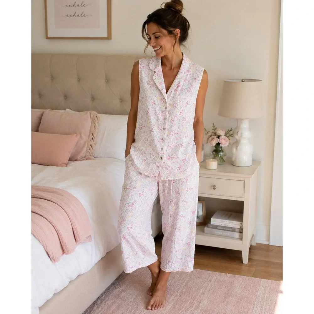 Eileen West Floral Sleeveless Capri Pajama Set Women's Large Floral Cottagecore